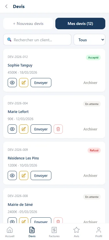 Interface Artivo — liste des devis sur mobile